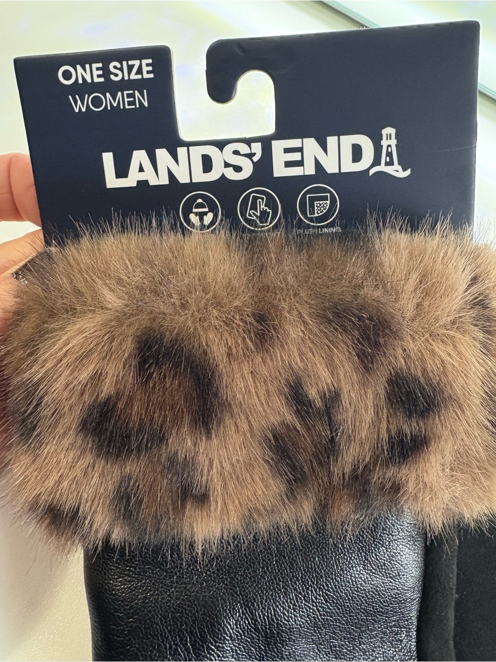 Lands' End Black Leather Gloves with Brown Leopard Faux Fur Cuff NWT Touchscreen - Picture 5 of 7